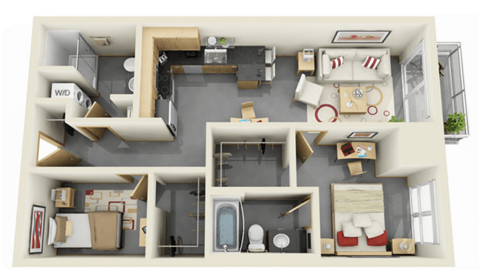 Floor plan for 2 beds, 2 baths, 786 sqft
